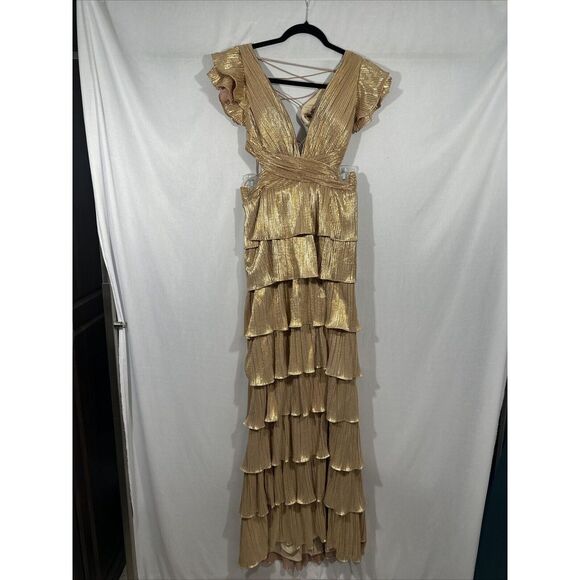 NWT‎ $498 IEENA Mac Duggal [ 4 ] 26740 Ruffle Tiered Lace Up Gown Gold - Picture 10 of 16